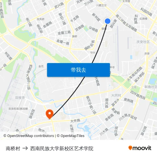 南桥村 to 西南民族大学新校区艺术学院 map
