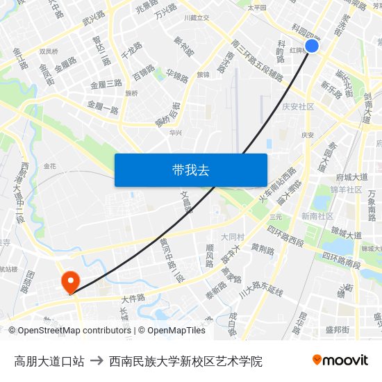 高朋大道口站 to 西南民族大学新校区艺术学院 map