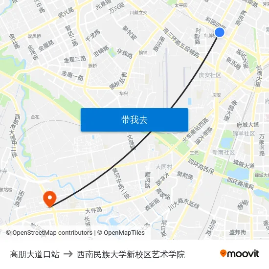 高朋大道口站 to 西南民族大学新校区艺术学院 map