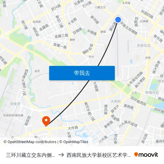三环川藏立交东内侧站 to 西南民族大学新校区艺术学院 map