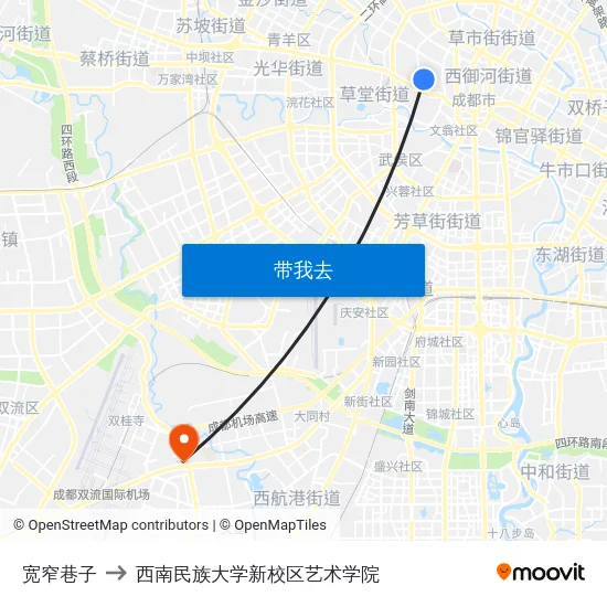 宽窄巷子 to 西南民族大学新校区艺术学院 map
