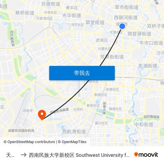 天府广场 to 西南民族大学新校区 Southwest University for Nationalities (New Campus) map