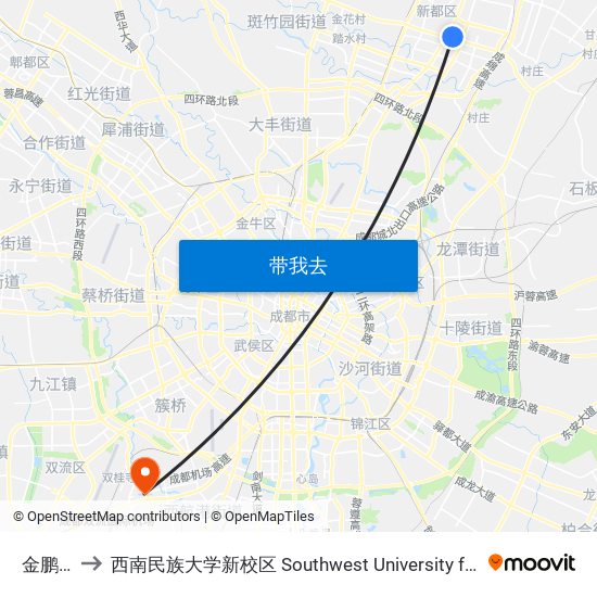 金鹏路1站 to 西南民族大学新校区 Southwest University for Nationalities (New Campus) map