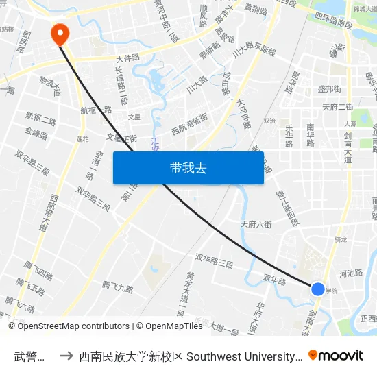武警指挥学院 to 西南民族大学新校区 Southwest University for Nationalities (New Campus) map