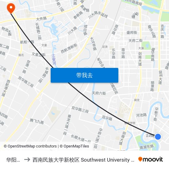 华阳步行街 to 西南民族大学新校区 Southwest University for Nationalities (New Campus) map