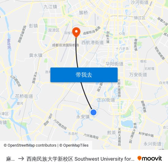 麻柳村 to 西南民族大学新校区 Southwest University for Nationalities (New Campus) map