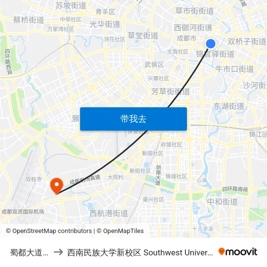 蜀都大道红星路口站 to 西南民族大学新校区 Southwest University for Nationalities (New Campus) map