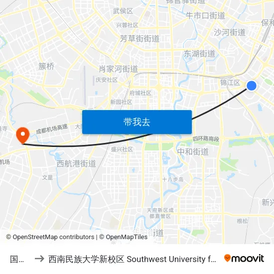 国香街西 to 西南民族大学新校区 Southwest University for Nationalities (New Campus) map