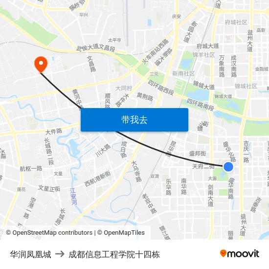 华润凤凰城 to 成都信息工程学院十四栋 map