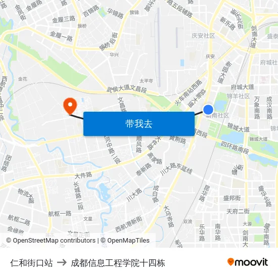 仁和街口站 to 成都信息工程学院十四栋 map