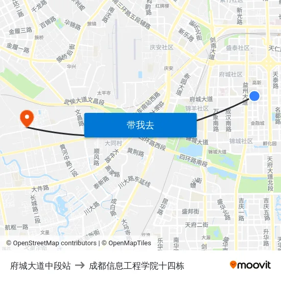府城大道中段站 to 成都信息工程学院十四栋 map