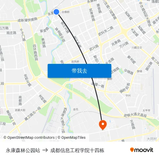 永康森林公园站 to 成都信息工程学院十四栋 map