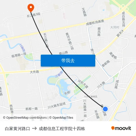 白家黄河路口 to 成都信息工程学院十四栋 map