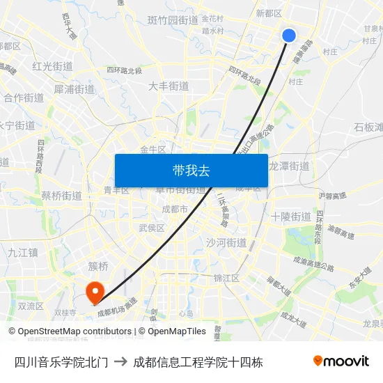 四川音乐学院北门 to 成都信息工程学院十四栋 map