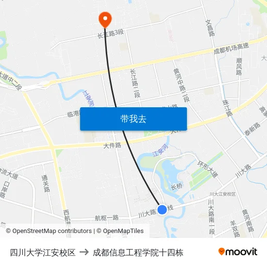 四川大学江安校区 to 成都信息工程学院十四栋 map