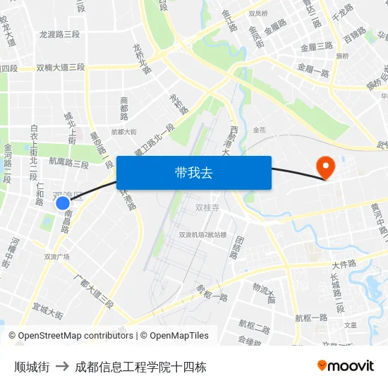 顺城街 to 成都信息工程学院十四栋 map