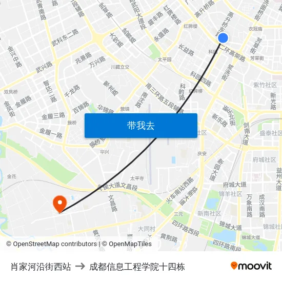 肖家河沿街西站 to 成都信息工程学院十四栋 map