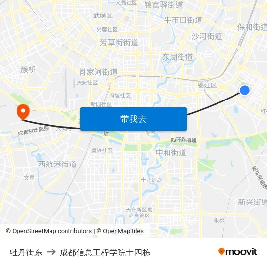 牡丹街东 to 成都信息工程学院十四栋 map
