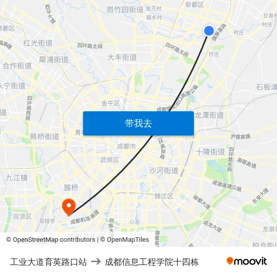 工业大道育英路口站 to 成都信息工程学院十四栋 map
