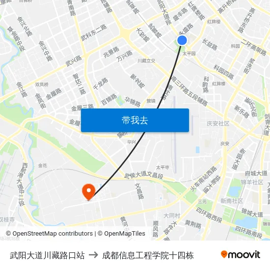 武阳大道川藏路口站 to 成都信息工程学院十四栋 map