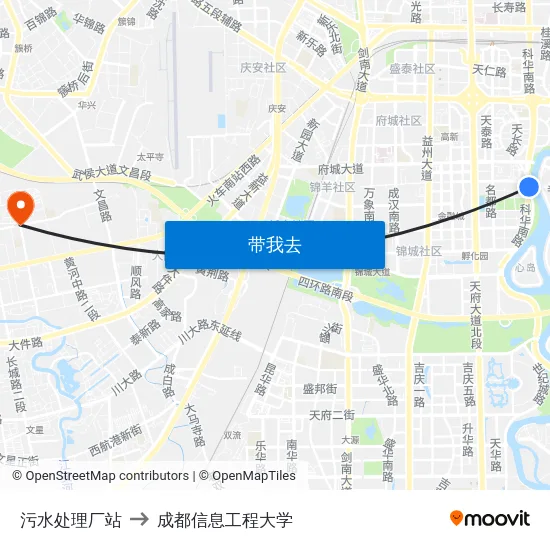 污水处理厂站 to 成都信息工程大学 map