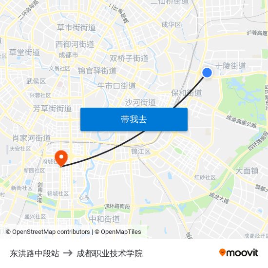 东洪路中段站 to 成都职业技术学院 map