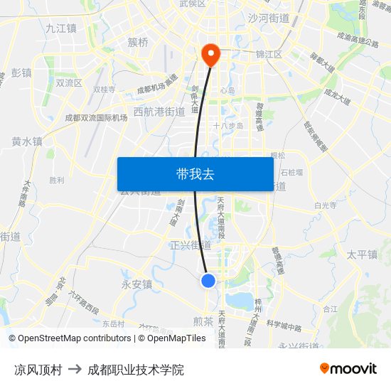 凉风顶村 to 成都职业技术学院 map