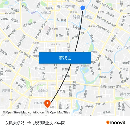 东风大桥站 to 成都职业技术学院 map