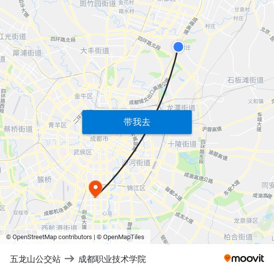 五龙山公交站 to 成都职业技术学院 map