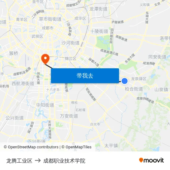 龙腾工业区 to 成都职业技术学院 map