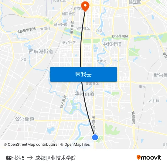 临时站5 to 成都职业技术学院 map