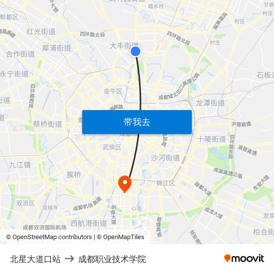 北星大道口站 to 成都职业技术学院 map