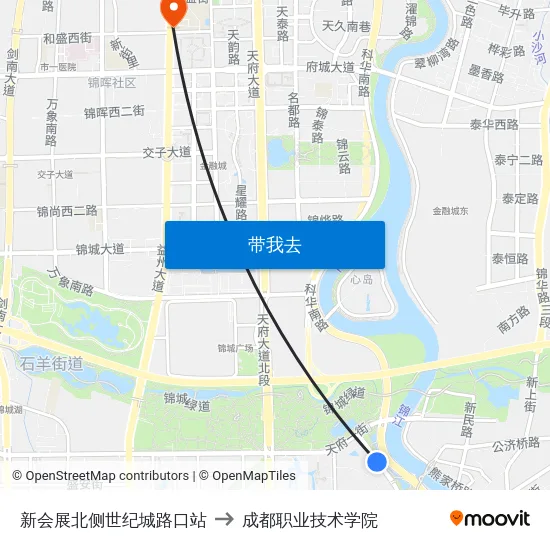 新会展北侧世纪城路口站 to 成都职业技术学院 map