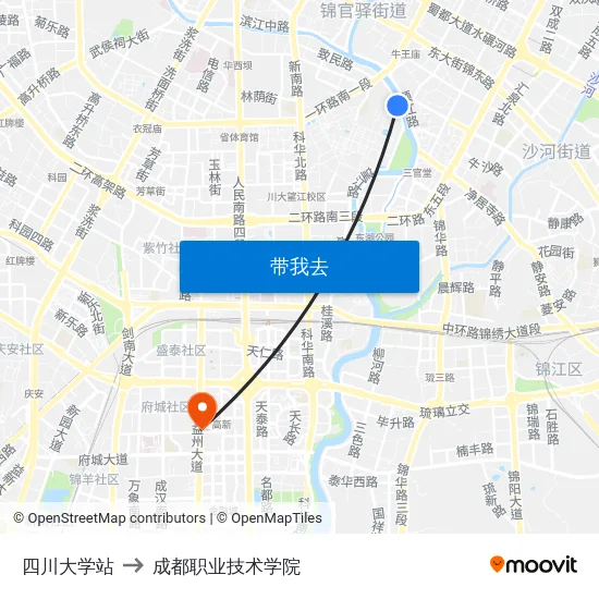 四川大学站 to 成都职业技术学院 map