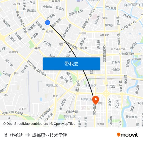 红牌楼站 to 成都职业技术学院 map