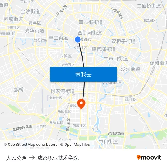 人民公园 to 成都职业技术学院 map
