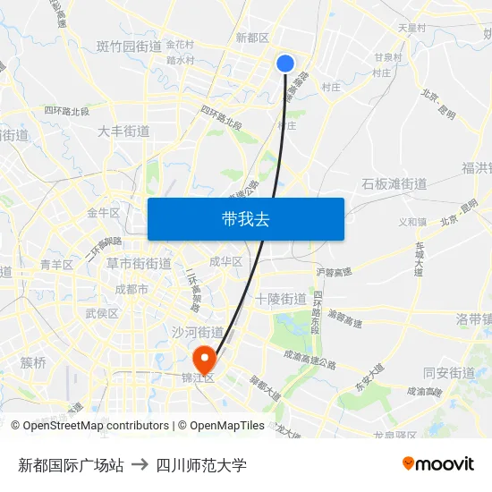 新都国际广场站 to 四川师范大学 map
