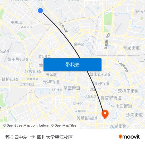 郫县四中站 to 四川大学望江校区 map