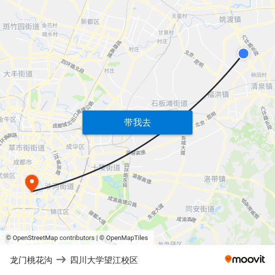 龙门桃花沟 to 四川大学望江校区 map