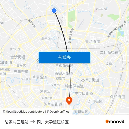 陆家村三组站 to 四川大学望江校区 map