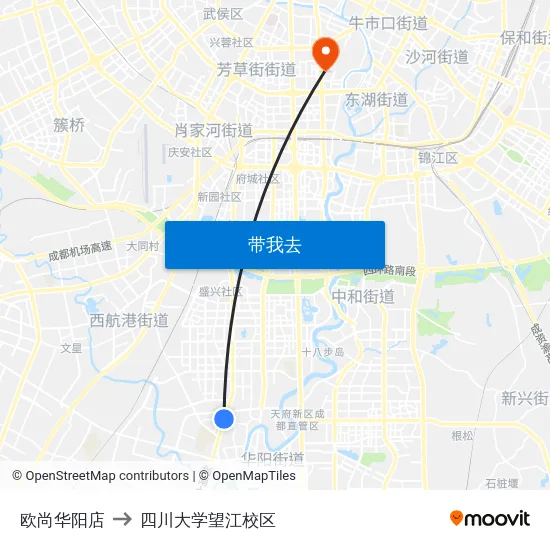 欧尚华阳店 to 四川大学望江校区 map