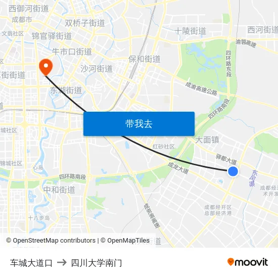 车城大道口 to 四川大学南门 map