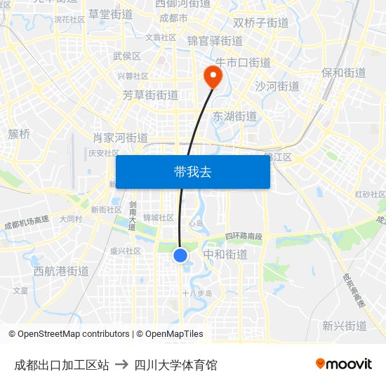 成都出口加工区站 to 四川大学体育馆 map