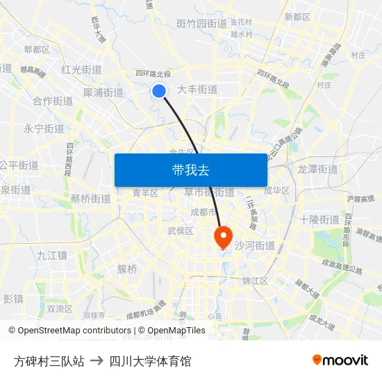 方碑村三队站 to 四川大学体育馆 map