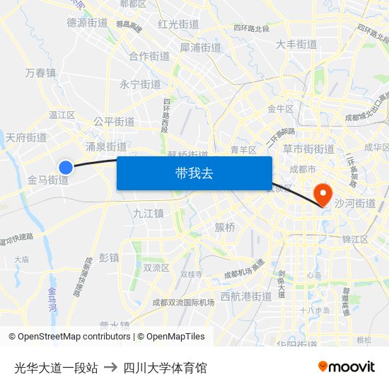 光华大道一段站 to 四川大学体育馆 map