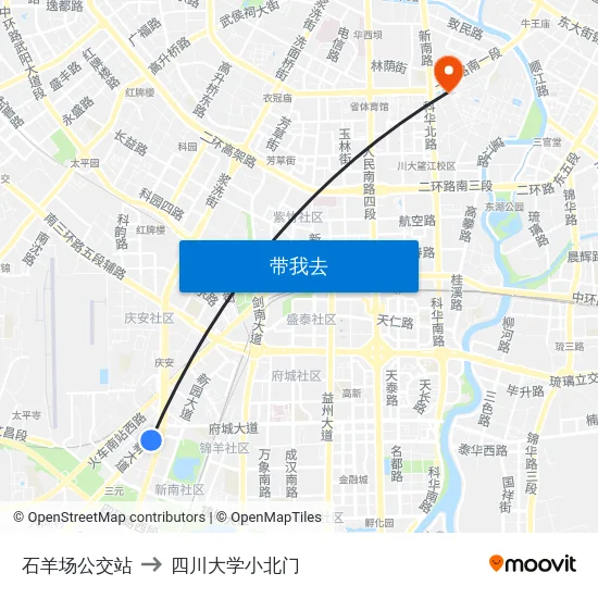 石羊场公交站 to 四川大学小北门 map