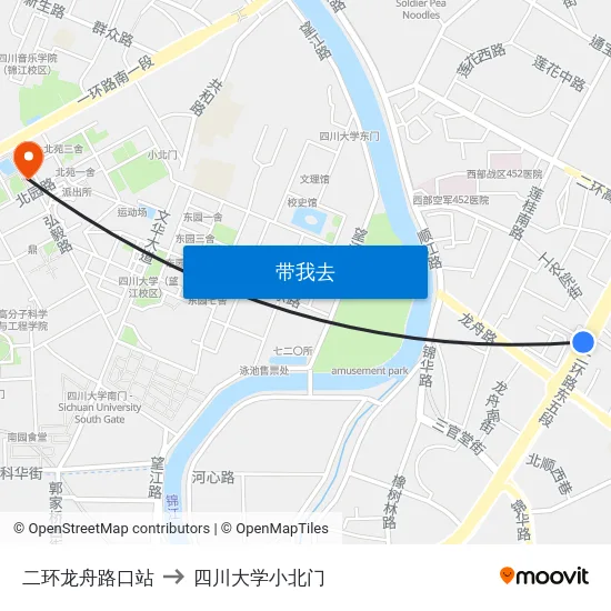 二环龙舟路口站 to 四川大学小北门 map