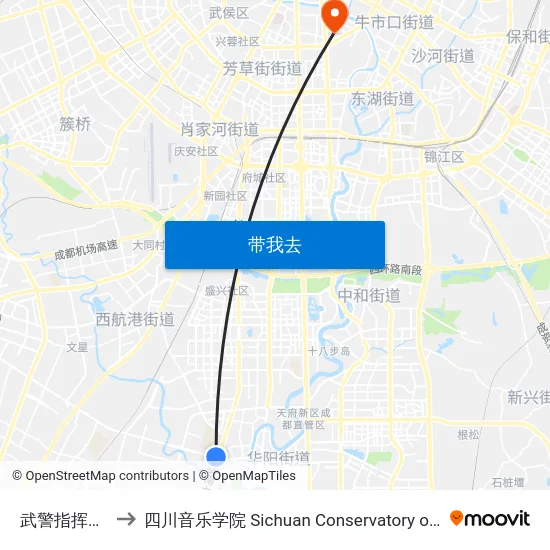 武警指挥学院 to 四川音乐学院 Sichuan Conservatory of Music map