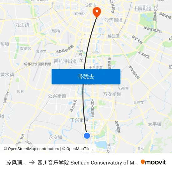 凉风顶村 to 四川音乐学院 Sichuan Conservatory of Music map
