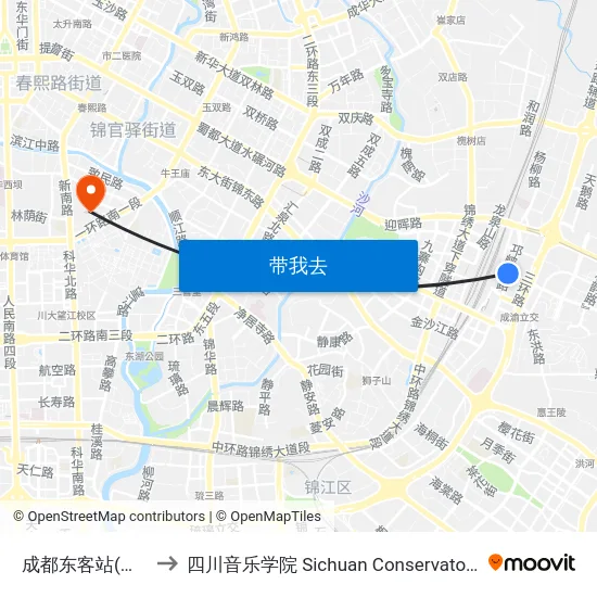 成都东客站(东广场) to 四川音乐学院 Sichuan Conservatory of Music map